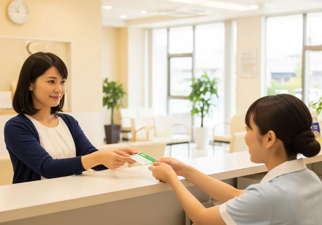 受付で健康保険証を渡す患者様